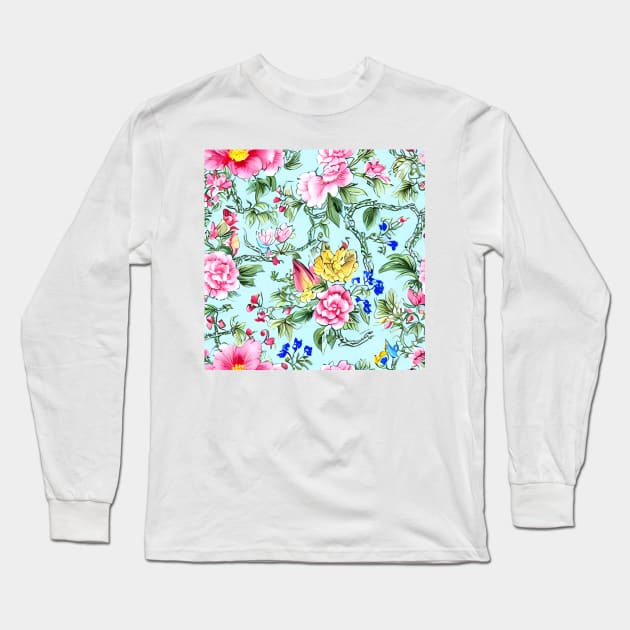 Flowers and leaves on turquoise seamless pattern Long Sleeve T-Shirt by SophieClimaArt